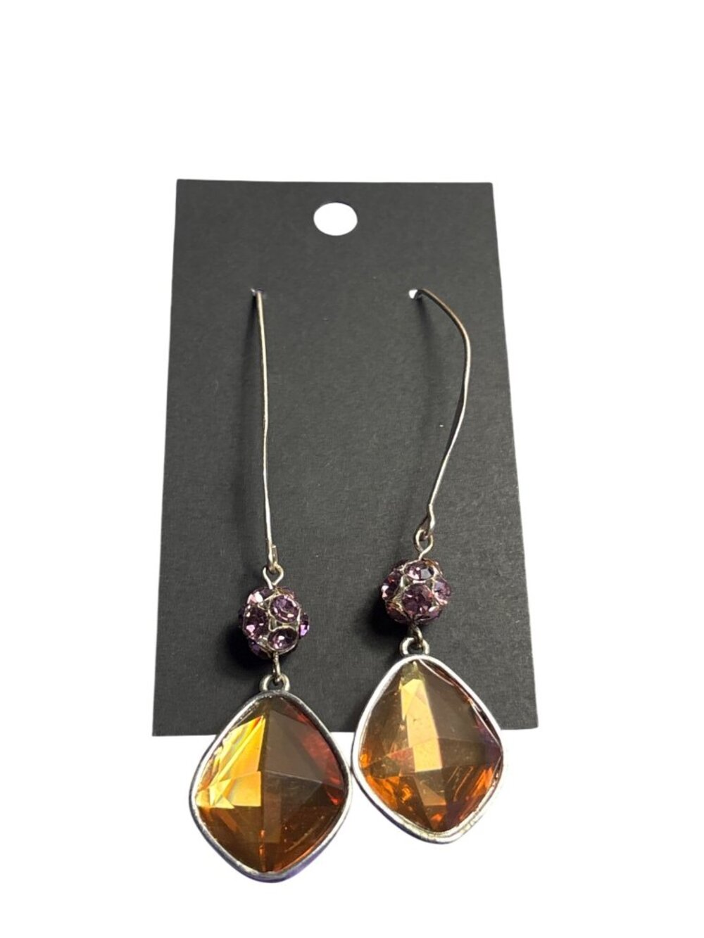 Orange Faceted Rhinestone Dangle Earrings Purple Rhinestone Pave Bead Silvertone